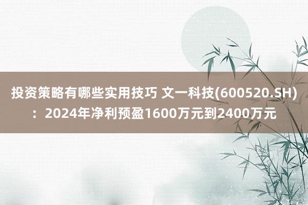 投资策略有哪些实用技巧 文一科技(600520.SH)：2024年净利预盈1600万元到2400万元