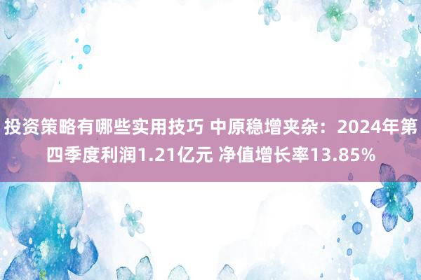 投资策略有哪些实用技巧 中原稳增夹杂：2024年第四季度利润1.21亿元 净值增长率13.85%