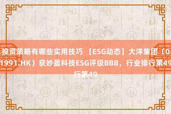 投资策略有哪些实用技巧 【ESG动态】大洋集团（01991.HK）获妙盈科技ESG评级BBB，行业排行第49